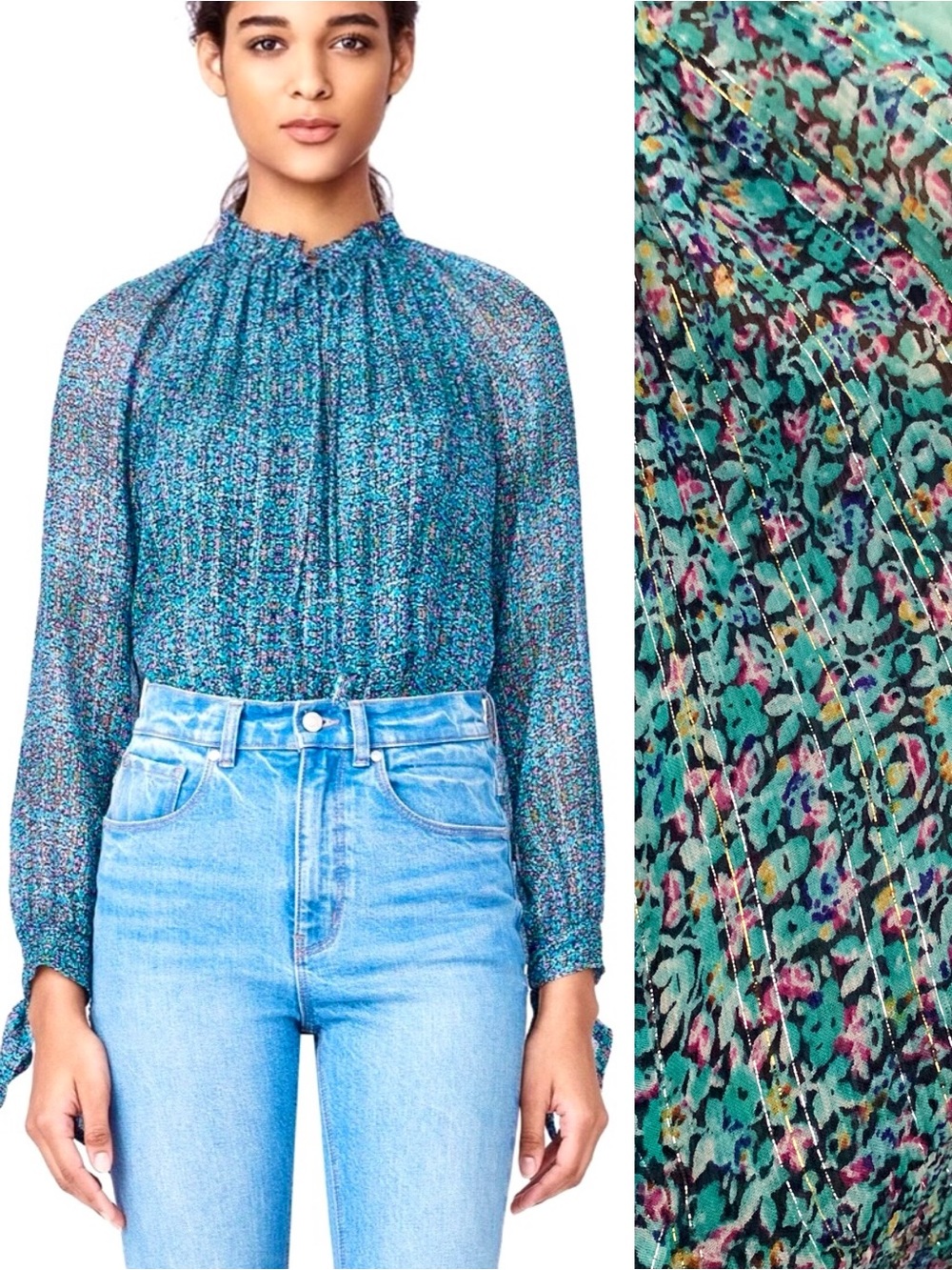 Rebecca Taylor Silk Teal Metallic Thread Multi-Print Ruffled Minnie Blouse